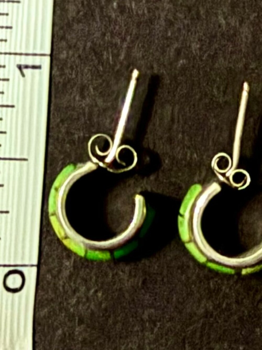 Green Turquoise Inlay Silver Huggie Hoop Earrings Southwestern Boho